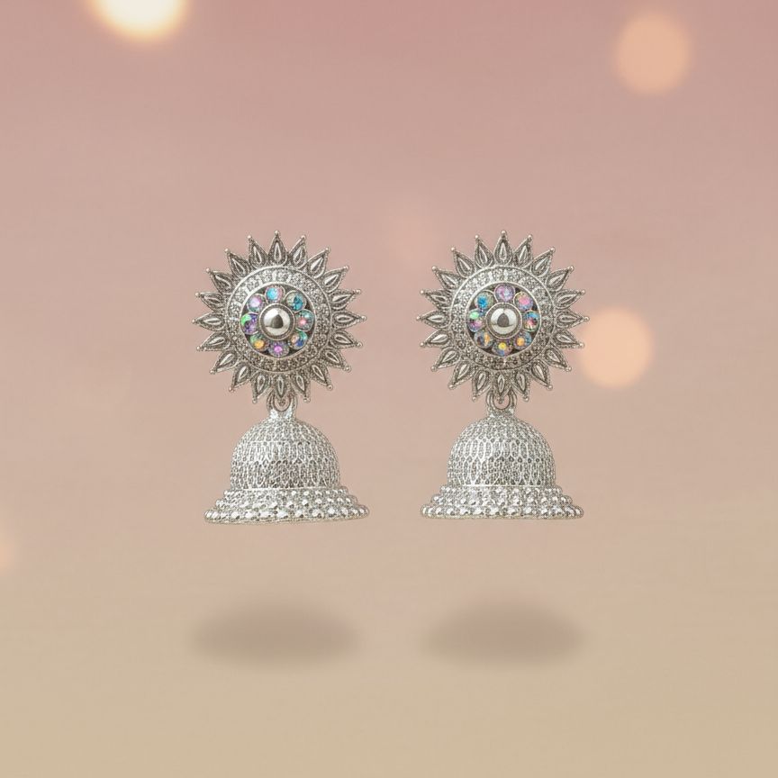Oxidised Silver Sunburst Jhumka Earrings