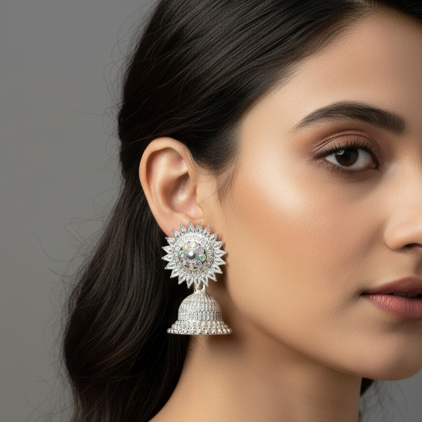 Oxidised Silver Sunburst Jhumka Earrings