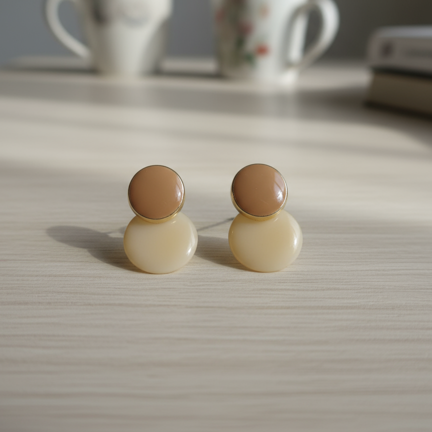 Beige And Gold Double Disc Stud Earring