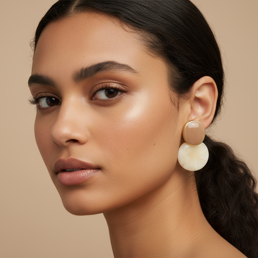 Beige And Gold Double Disc Stud Earring
