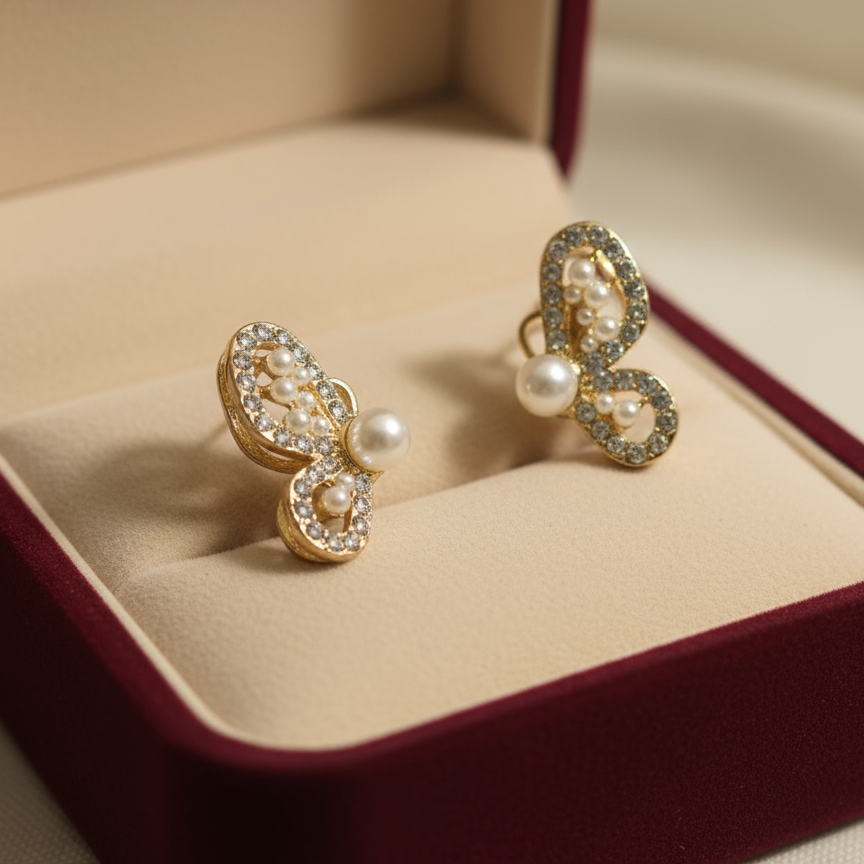 Gold Pearl Butterfly Earring