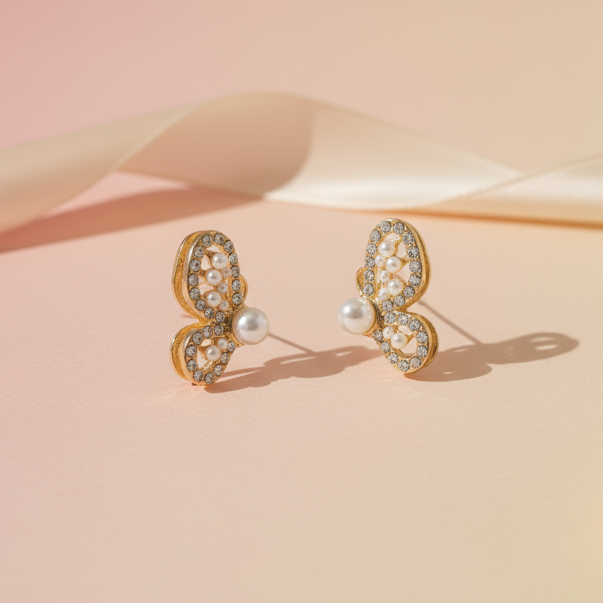 Gold Pearl Butterfly Earring