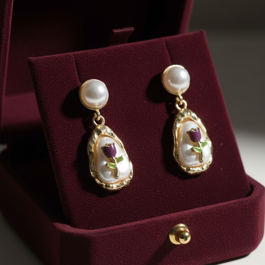 Flower Embedd Pearl And Gold Drop Earring