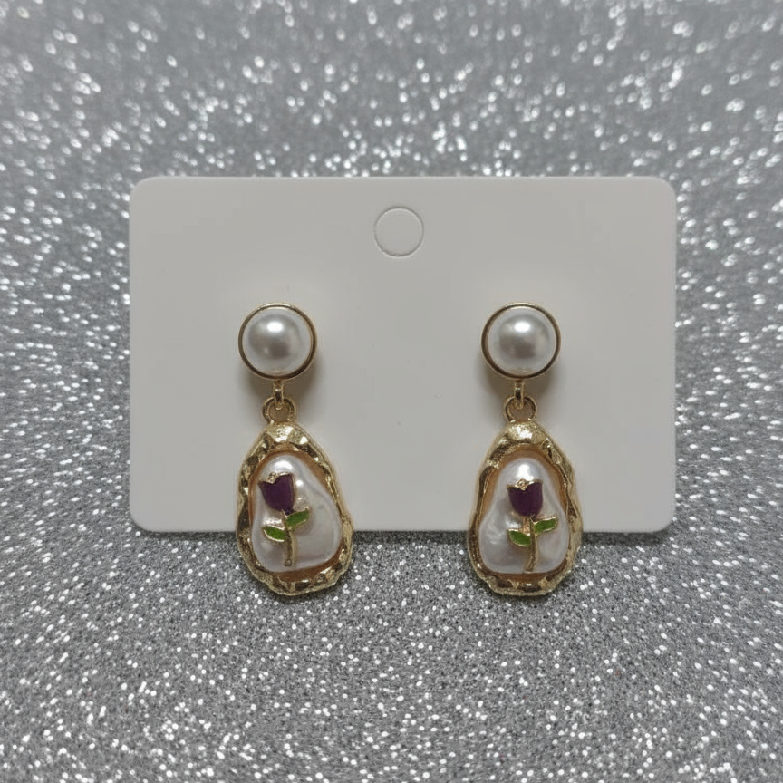 Flower Embedd Pearl And Gold Drop Earring