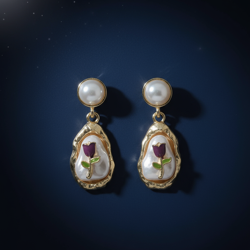 Flower Embedd Pearl And Gold Drop Earring