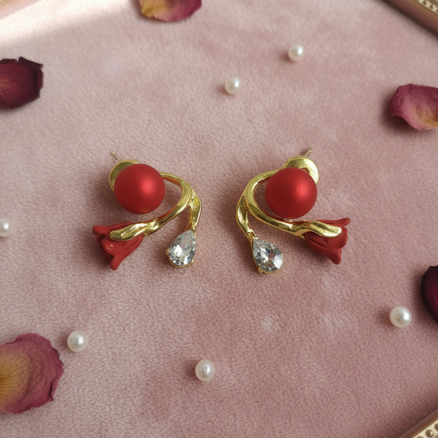 Red Bud and Gold Stem Earring
