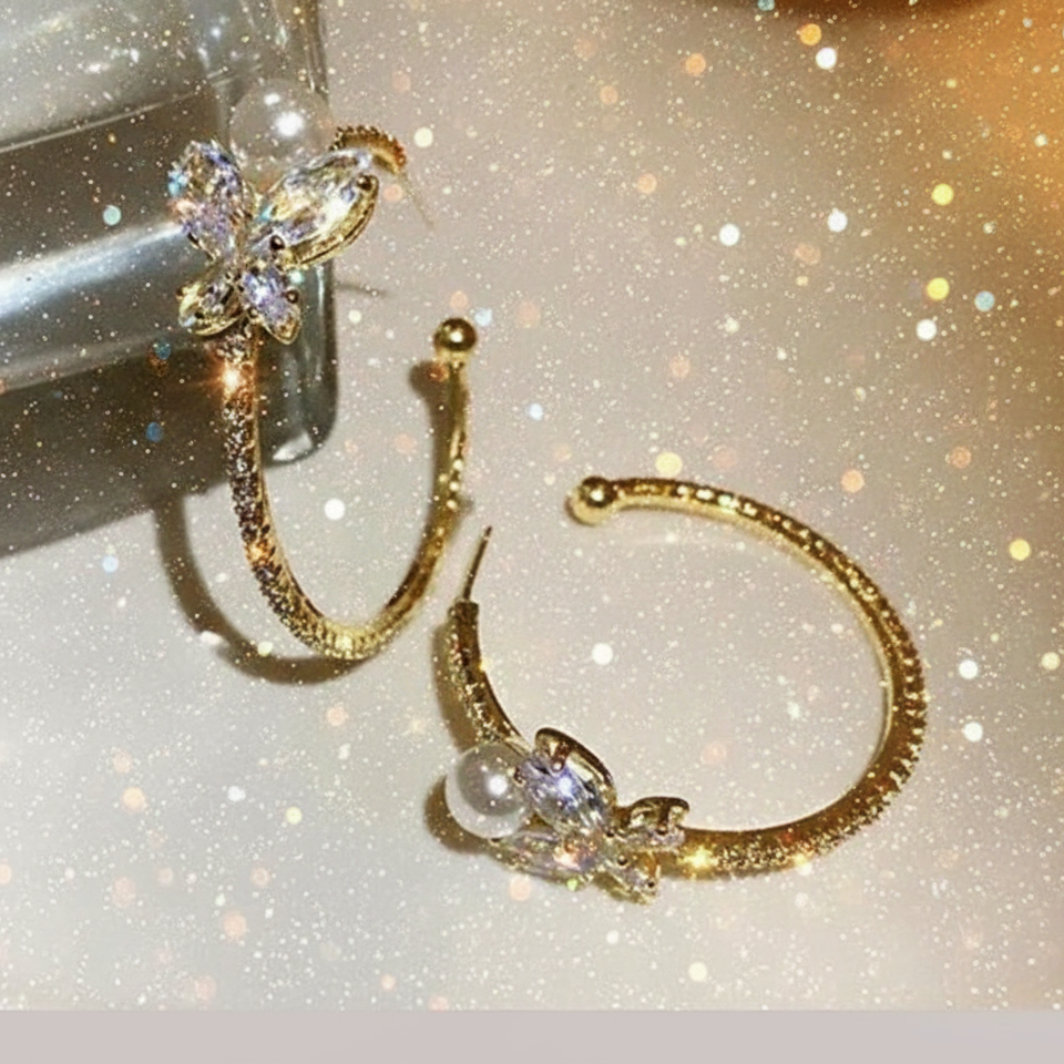 Gold Hoop Butterfly and Pearl Earring