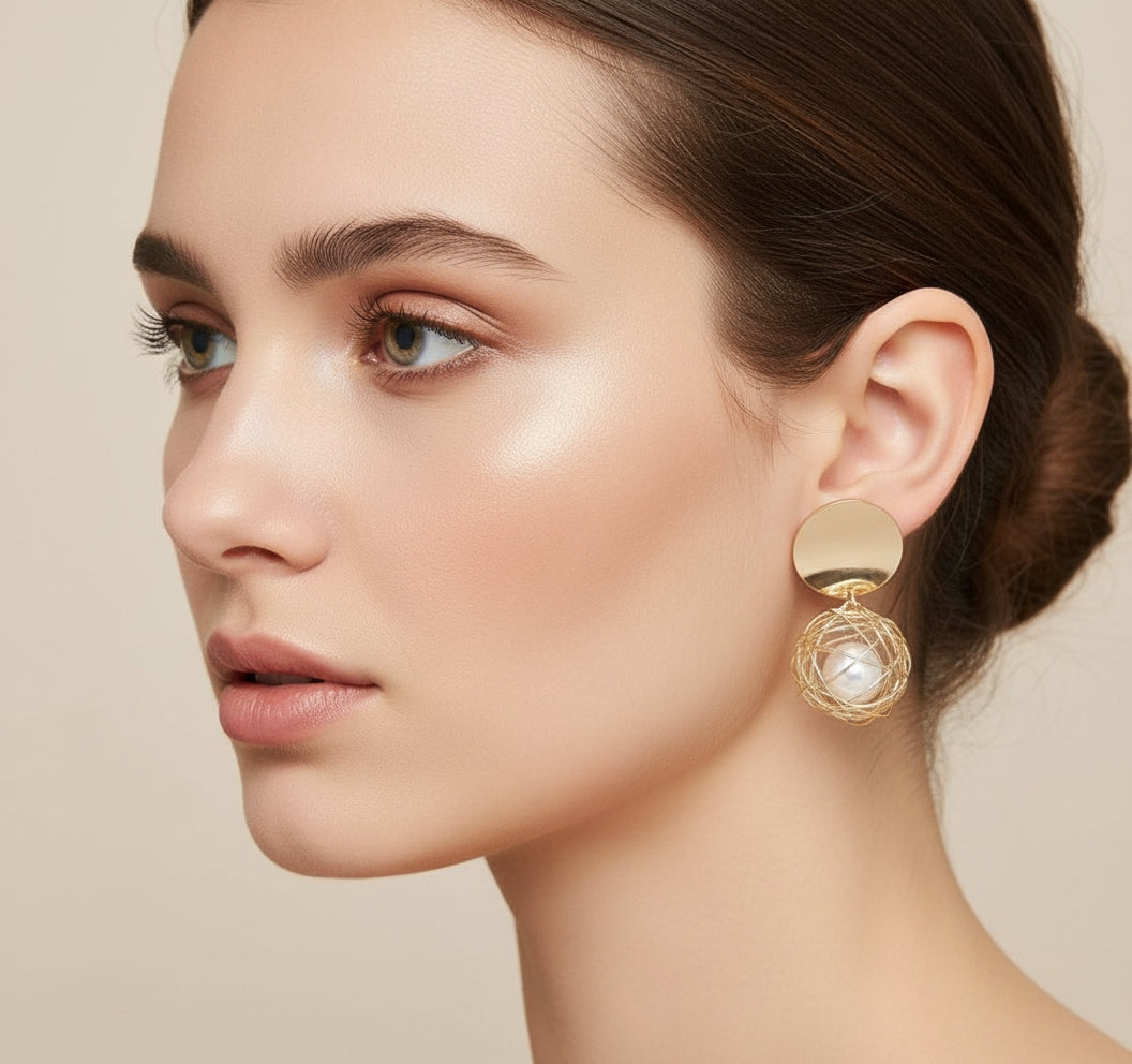 Golden Wire Ball Pearl Drop Earrings