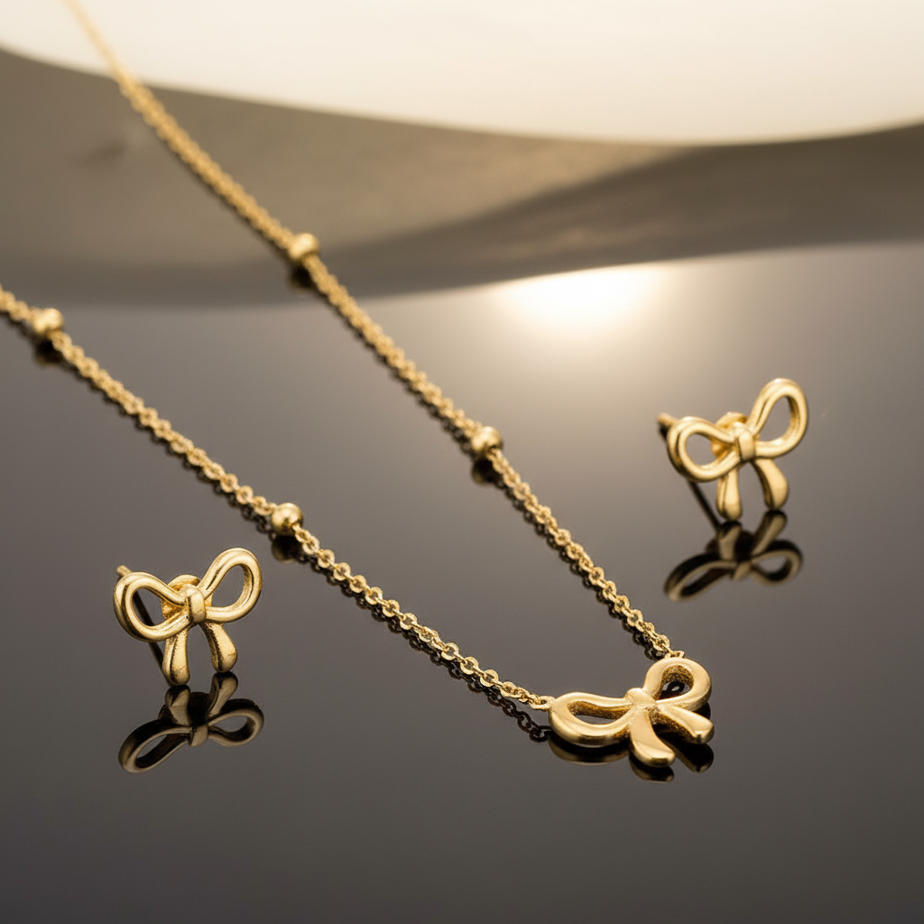 Gold Bow Pendant and Earring set