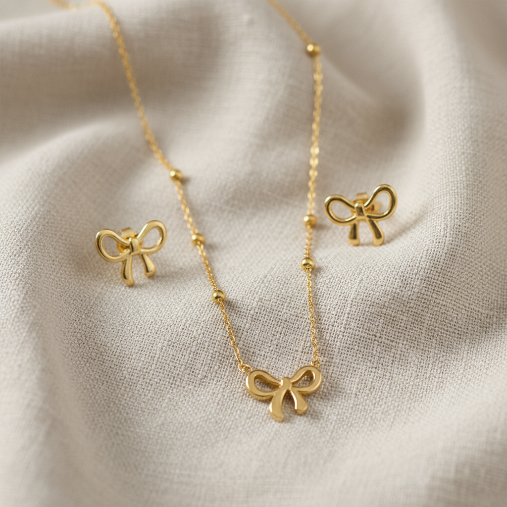 Gold Bow Pendant and Earring set