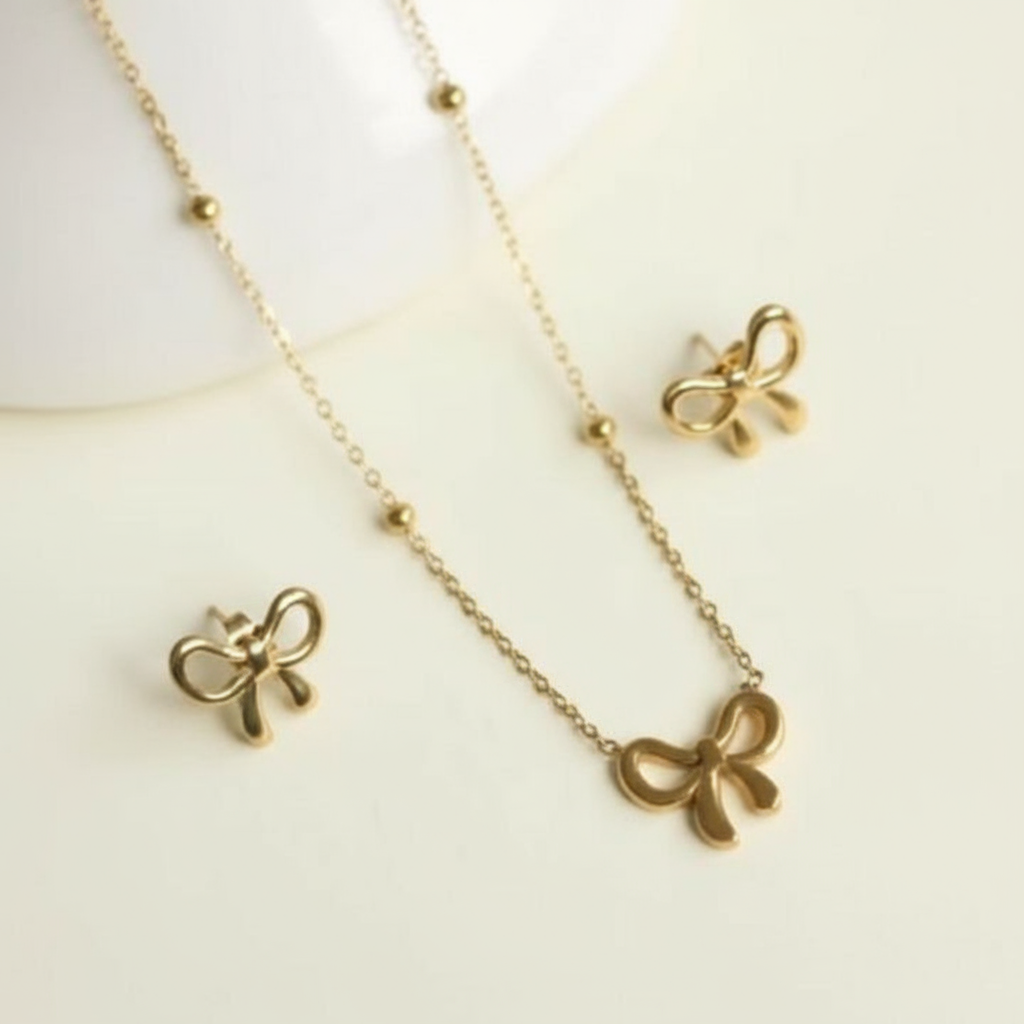 Gold Bow Pendant and Earring set