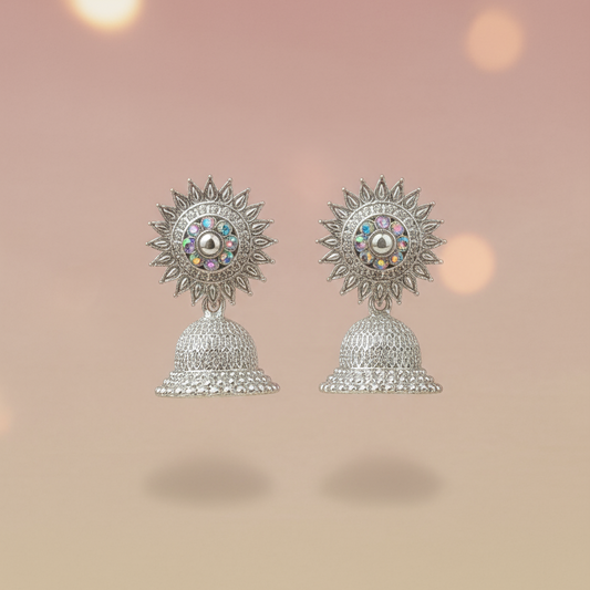 Oxidised Silver Sunburst Jhumka Earrings