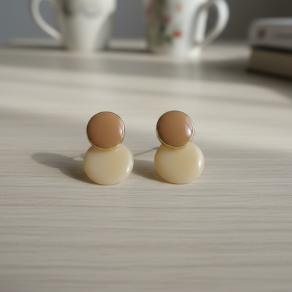 Beige And Gold Double Disc Stud Earring