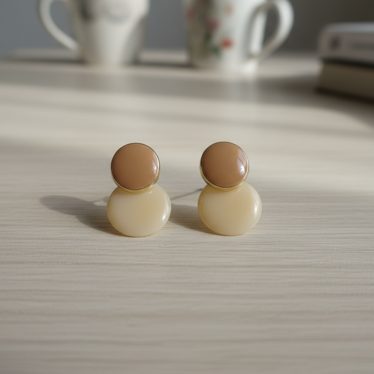 Beige And Gold Double Disc Stud Earring