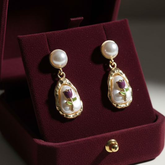 Flower Embedd Pearl And Gold Drop Earring