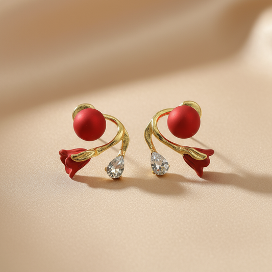 Red Bud and Gold Stem Earring