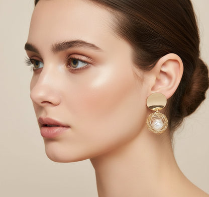 Golden Wire Ball Pearl Drop Earrings