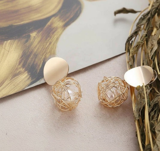 Golden Wire Ball Pearl Drop Earrings